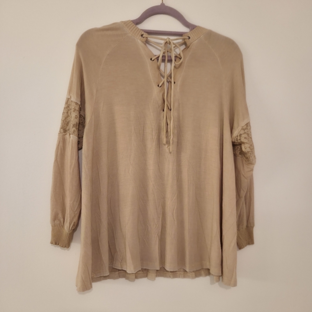 POL Tan Oversized Long Sleeve Blouse With Lace Detail On Sleeves & Lace-Up Back